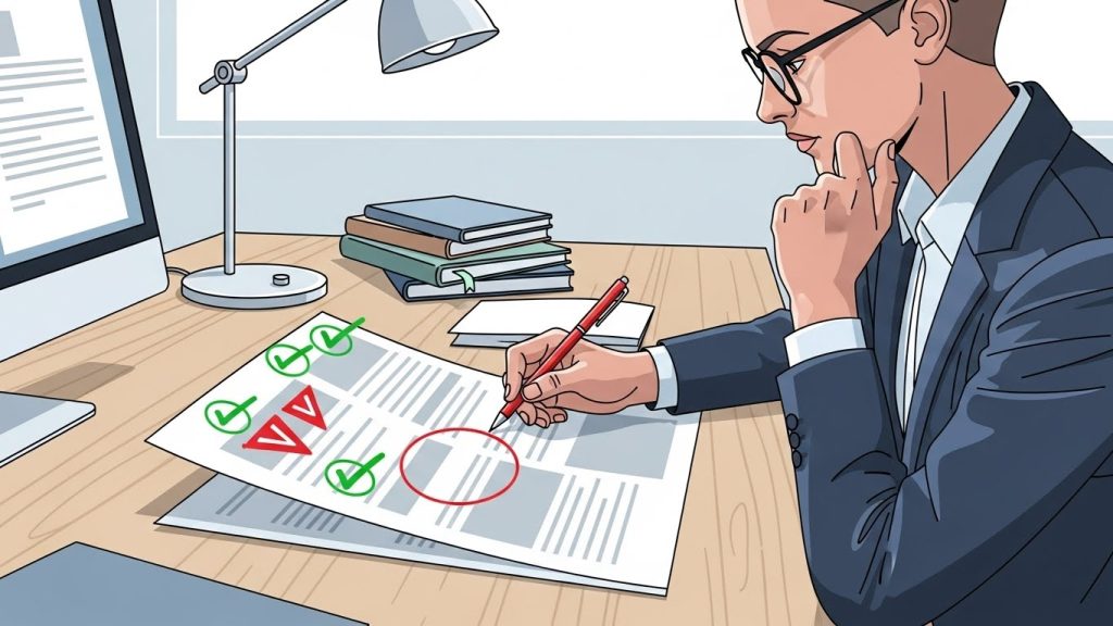 editor reviewing an article with green checkmarks and red warning flags