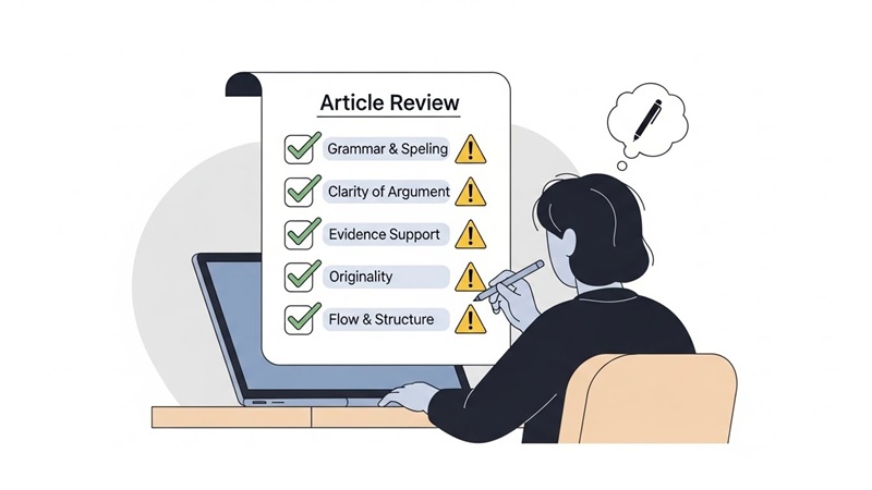  writer reviewing an article with checkmarks